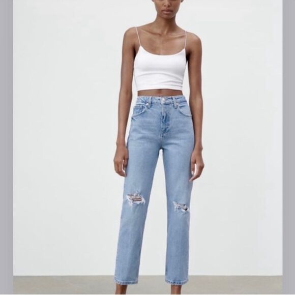 ZARA High Rise Distressed Straight Cropped Jeans Size 8 Light Wash - Picture 1 of 7